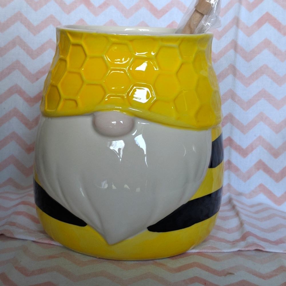New - Bee Gnome Honey Pot - 6 1/2" tall - candy ect